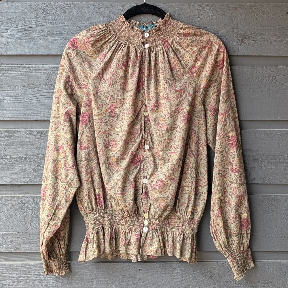 Lauren Jeans Ralph Lauren Button Up Mock Neck Long Sleeve Victorian Blouse Large